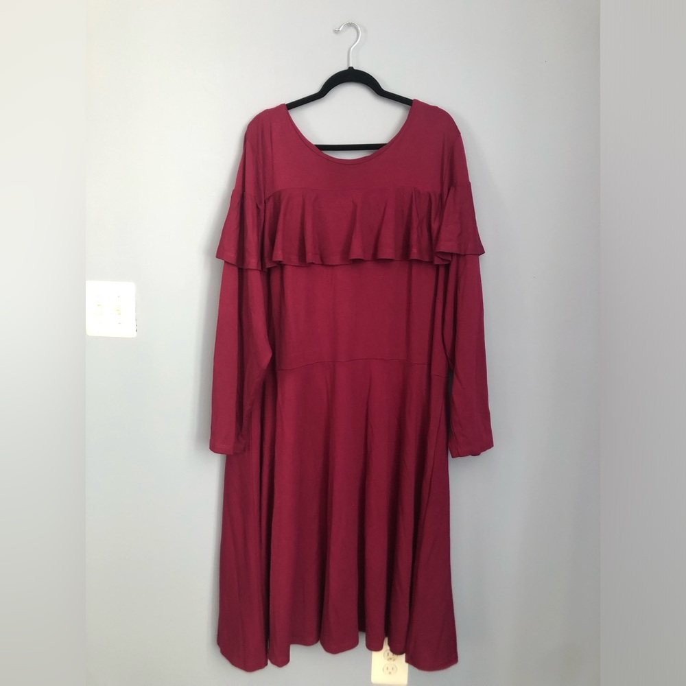 Eloquii Plus Size 28 Magenta Ruffle Neck Midi Swing Dress
